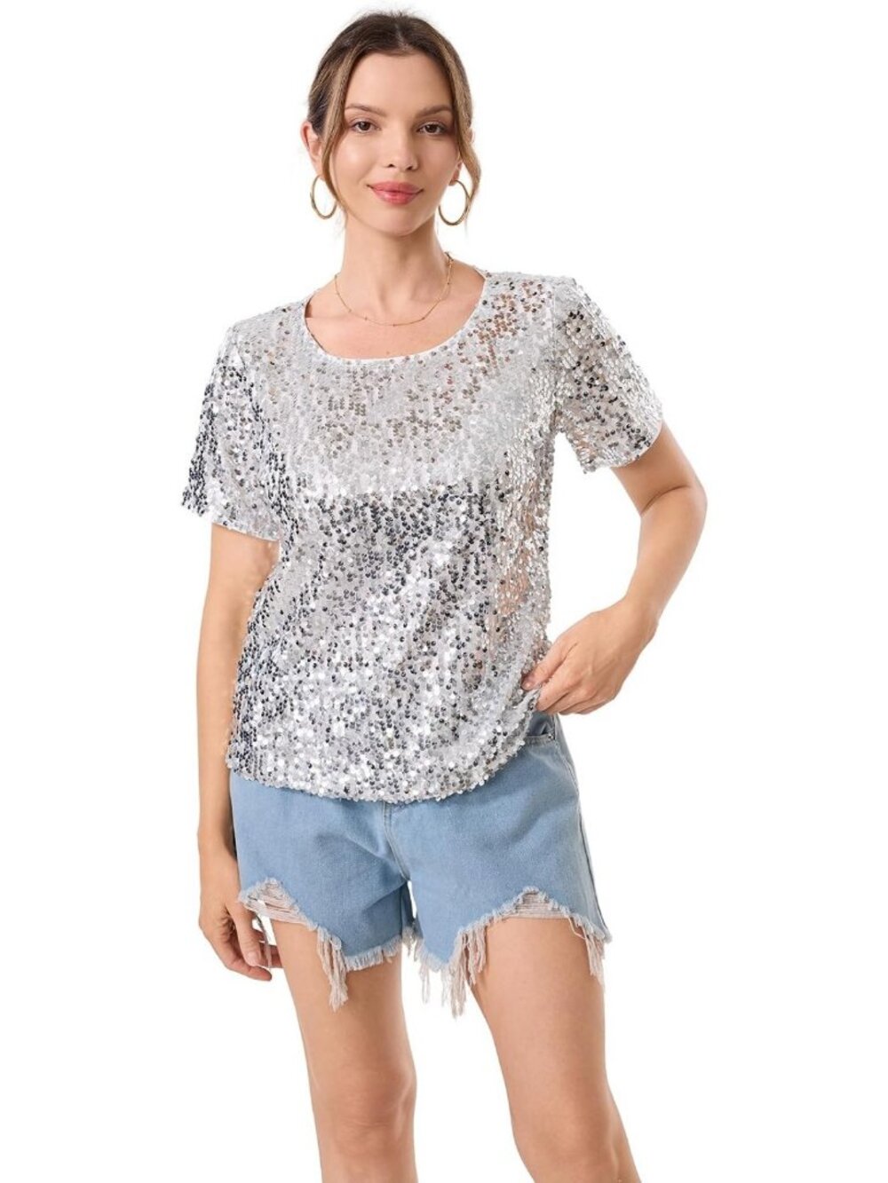 Shimmering Sequin Short Sleeve Top | Glitter Round Neck Summer Party Tee Blouse